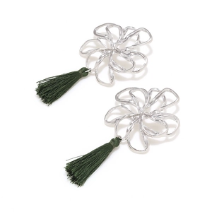 Bohemian hollow floral silver earrings with dark green silk tassels on white background