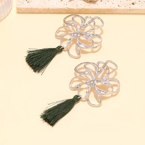 Bohemian hollow floral metal earrings with long dark green tassels in silver finish