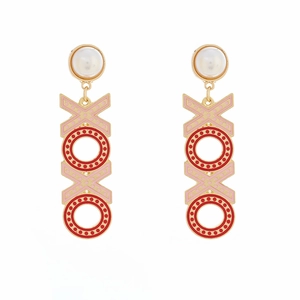 Golden XOXO earrings with pearls and colorful enamel lettering for women