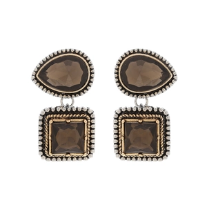 Vintage geometric drop earrings featuring brown faceted glass stones in textured metal frames