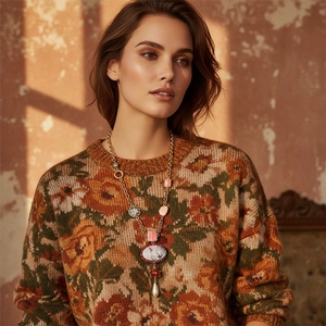 Bohemian enamel flower and crane pendant necklace with pearls on a floral knit sweater
