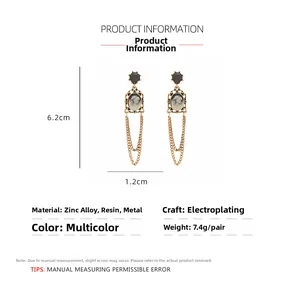 Detail view of vintage cameo drop earrings with 6.2cm length and resin inlay specs