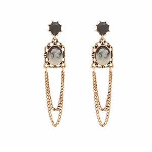 Vintage Victorian style cameo drop earrings with black gemstones and elegant tassels