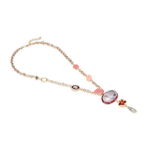 Artistic necklace with painted crane pendant and colorful enamel floral elements