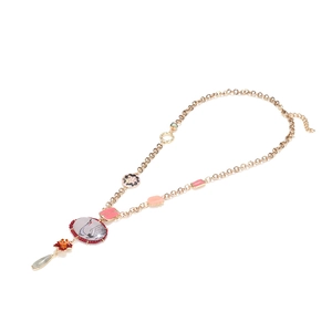 Exotic crane pendant necklace with enamel floral charms and colorful drop charms
