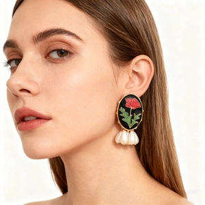 Vintage Rose Flower Dangle Earrings Black Enamel Floral Pattern With Water Drop Faux Artificial Pearl Stainless Steel Earring Post