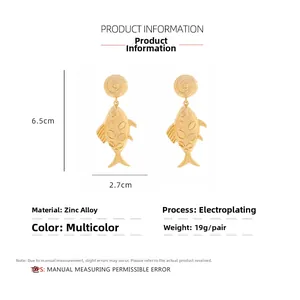 Detailed size specifications for vintage gold fish dangle earrings in zinc alloy