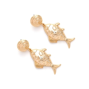 Close-up of gold fish drop earrings with spiral top and textured metallic relief