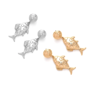 Vintage style long fish drop earrings in polished gold and silver alloy finishes