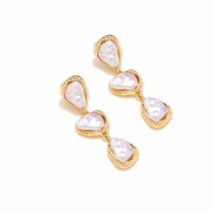 Vintage multi-layer Baroque pearl drop earrings with textured gold-tone metal frames