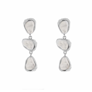 Baroque tiered pearl earrings with irregular silver metal frames and organic geometry