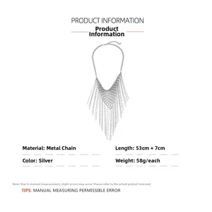 Detailed silver multi-layer chain tassel necklace with 53cm length and V-shaped structure