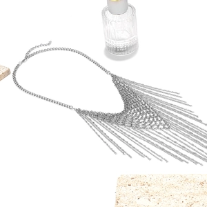 Detailed silver multi-layer fringe necklace with V-shaped mesh and lobster clasp close-up