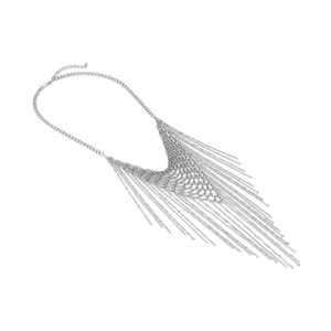 Silver multi-strand chain fringe necklace with V-shape tassel and chunky cuban chain