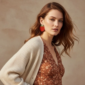 Boucles d'oreilles fraises en émail rouge portées par un mannequin en style pastoral