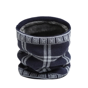Winter knit snood scarf for men and women with warm thick faux fur lining in navy blue