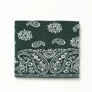 Détail du cache-col en tricot vert foncé avec texture à motif cachemire jacquard blanc
