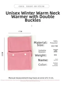 Pink knit winter neck warmer features detailed sizing and material specifications