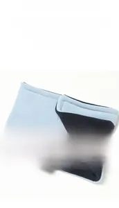 Detail of bicolor blue fleece neck warmer with adjustable metal snap buttons closure