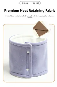 Detail of lavender knit neck warmer with plush lining and secure snap button closure