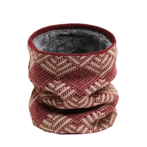 Winter knitted warm snood scarf with red geometric jacquard pattern and gray plush lining
