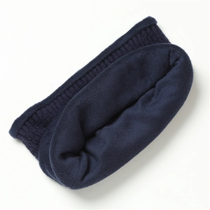 Close-up of thick navy blue knit snood with vertical stripes and warm fleece lining