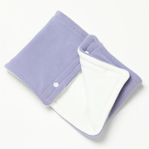 Detail of lavender fleece neck warmer with soft white sherpa lining and snap button closure
