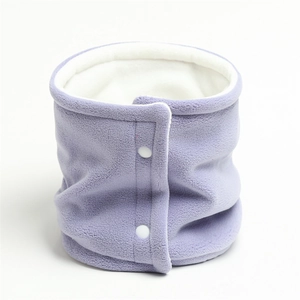 Detail of light purple fleece neck warmer with soft white lining and snap fasteners
