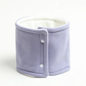 Detail of light purple fleece neck warmer featuring soft lining and white snap fasteners
