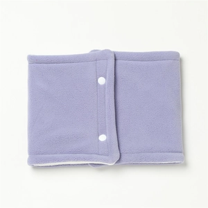 Close-up of a purple fleece winter neck warmer featuring two white button closures