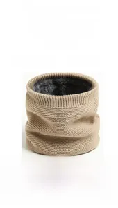 Close-up of knit neck warmer with thick faux fleece lining for winter thermal protection