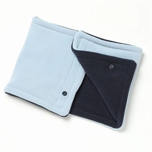 Close-up of dual-layer fleece neck warmer with light and dark blue contrast and snap buttons