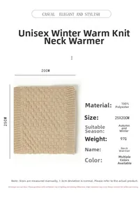 Detail of beige checkered knit neck warmer with 100% polyester fabric texture specifications