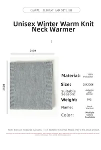 Size chart showing 25x20cm dimensions and 100% polyester material for the neck warmer