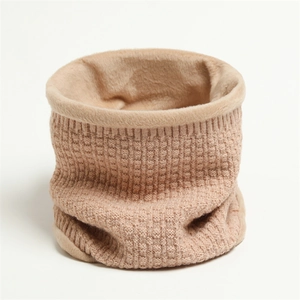 Beige winter neck warmer with checkered knit texture and thick plush faux fur lining