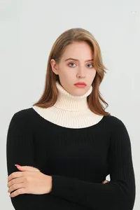 Detailed view of cream ribbed knit neck warmer with elastic turtleneck design for winter