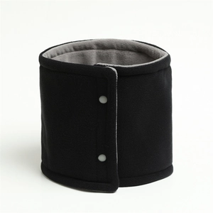 Detail of double-layer knit neck warmer with soft fleece lining and adjustable buttons