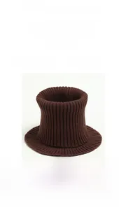 Close-up of dark brown ribbed knit neck warmer showing vertical striped texture and stretch