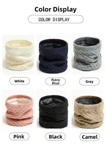 Detail view of winter knitted neck gaiters showing fleece lining in six various colors