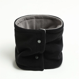 Detail of black thermal neck gaiter with thick fleece lining and button closure