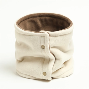 Detail of double-layer fleece neck warmer with buttons in beige and brown colors