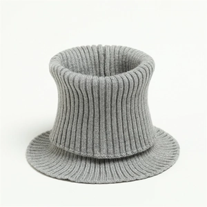 Close-up of grey ribbed knit neck warmer showing detailed texture and soft elastic fabric