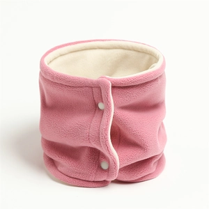 Detail of pink fleece neck warmer with white lining and secure double snap buttons