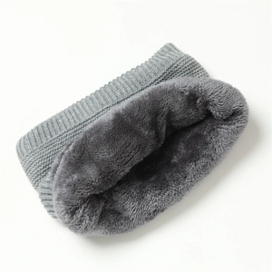 Warm gray knitted infinity scarf for winter with soft faux fur lining for neck protection