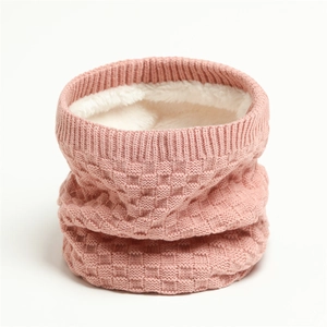 Pink checkered knit neck warmer with soft fleece lining for cold winter weather