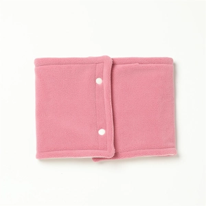 Detail of pink fleece neck warmer showing dual white snap button closures for secure fit