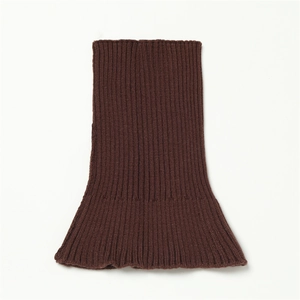 Detail of dark brown ribbed knit neck warmer with elastic flared shoulder coverage