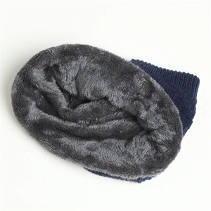 Winter thermal navy knit neck warmer with soft gray fleece lining and diamond pattern
