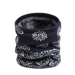 Tour de cou d'hiver bleu foncé à motif floral avec doublure épaisse en fausse fourrure grise