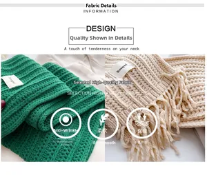 Detail of twist knit wool scarf showing thick woven texture and decorative soft tassels